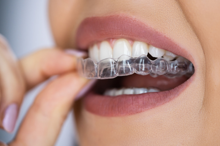 female patient putting on orthodontic aligners